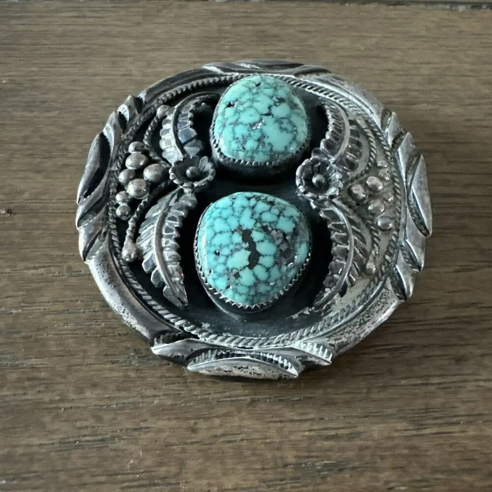 VTG Navajo Sterling Silver Bolo Slide 53g Morenci Blue Turquoise Double Stone